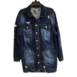 Dollhouse Womens Sz 1X Denim Jacket Blue Distressed Dark Wash Stretch Pockets